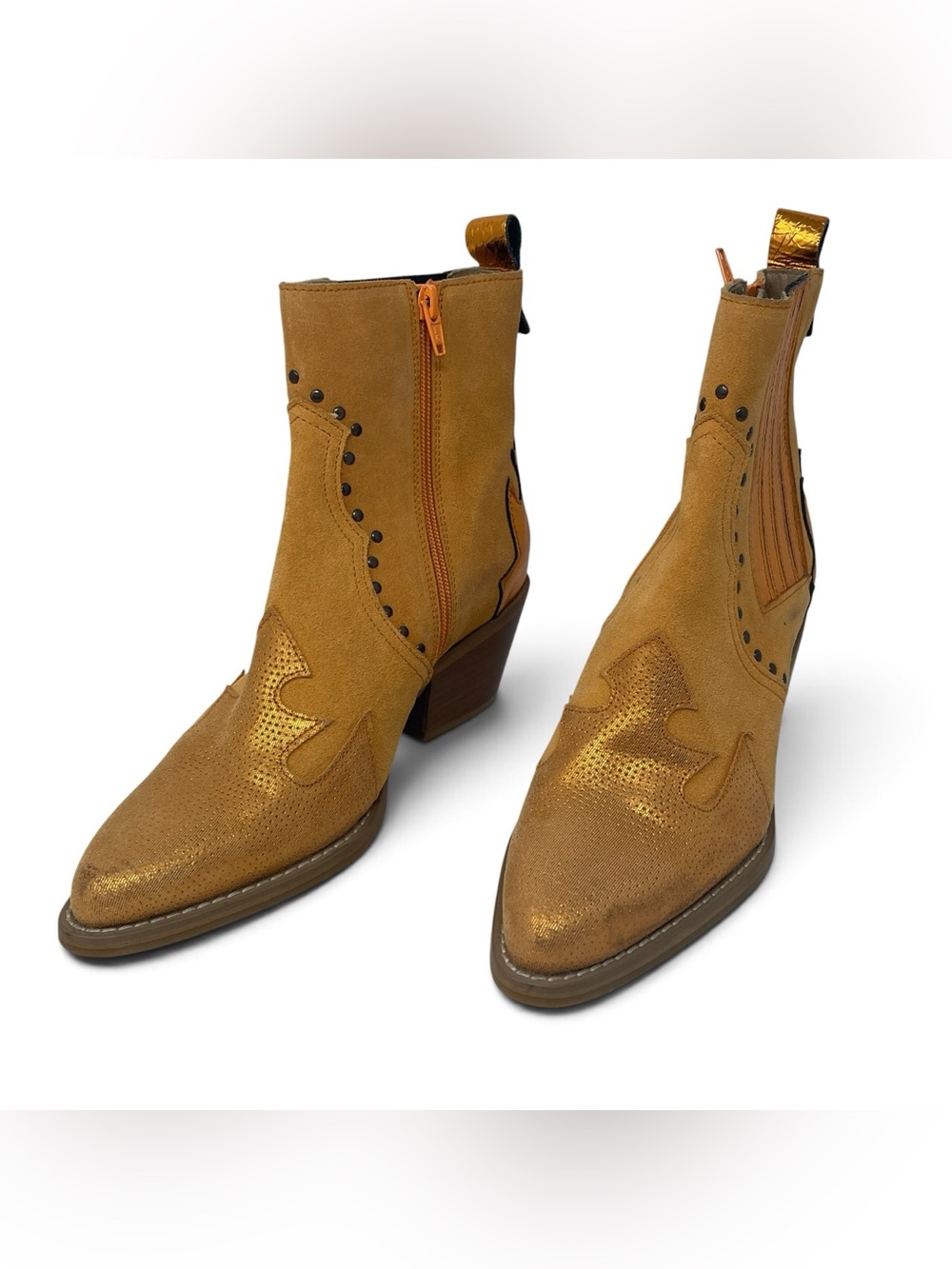 CASTA Women Cowboy Boots 37 EU / 7 USA Gold Leather Western Ankle Boho Festival